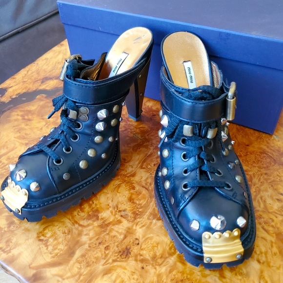NWT MIU MIU by PRADA Studded Black Leather Mules - Picture 6 of 11